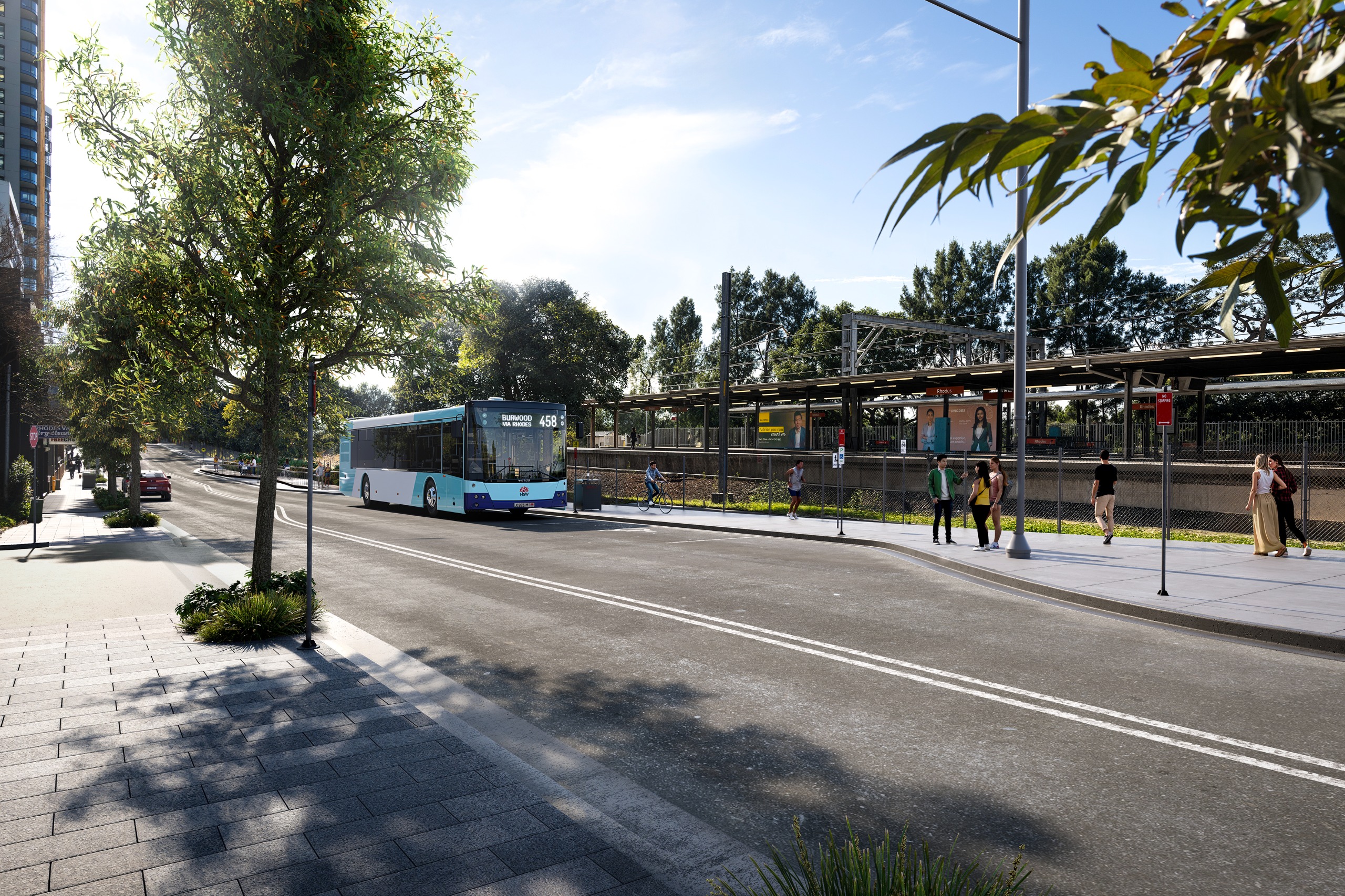After: Artist impression of the upgraded streetscape along Walker Street in Rhodes