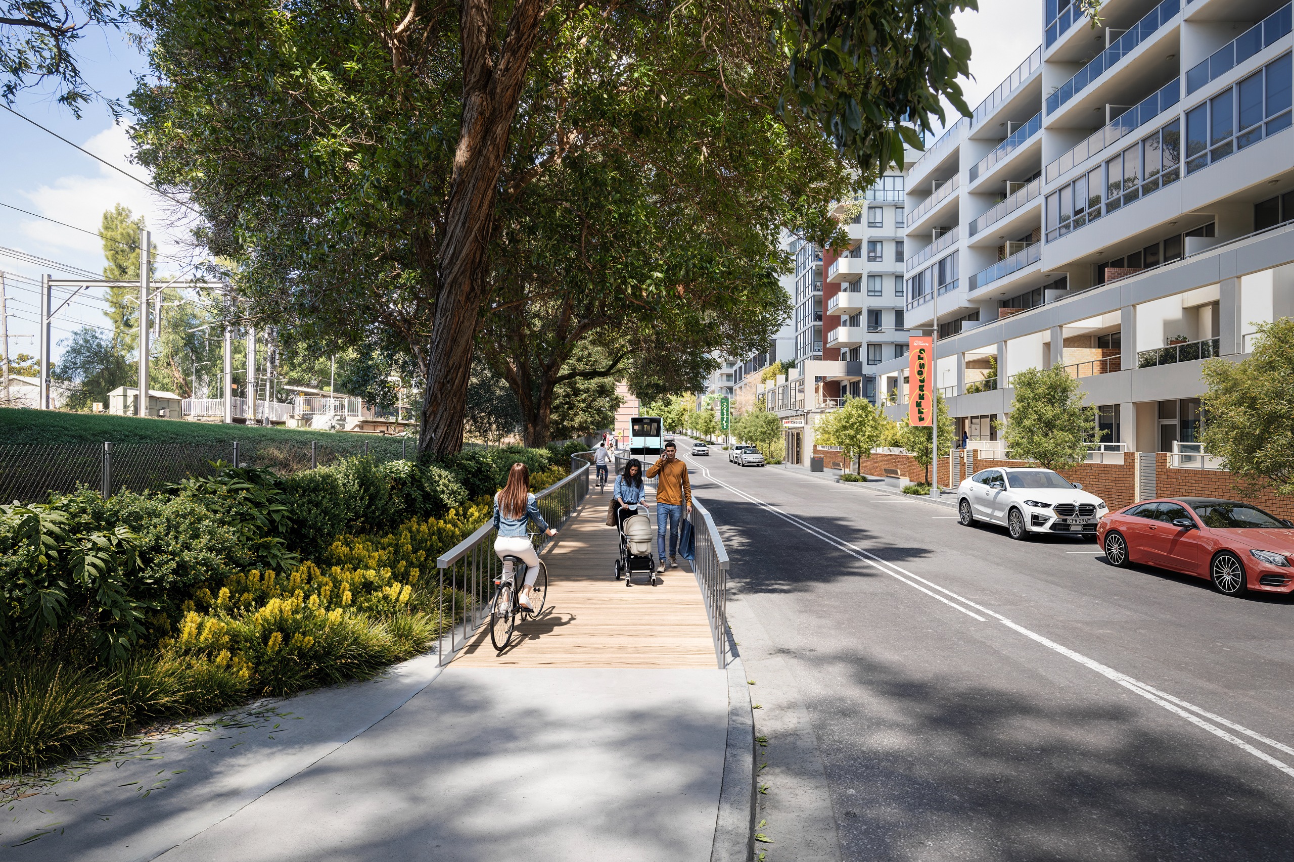After: Artist impression of the upgraded pedestrian and bike path along Walker Street in Rhodes