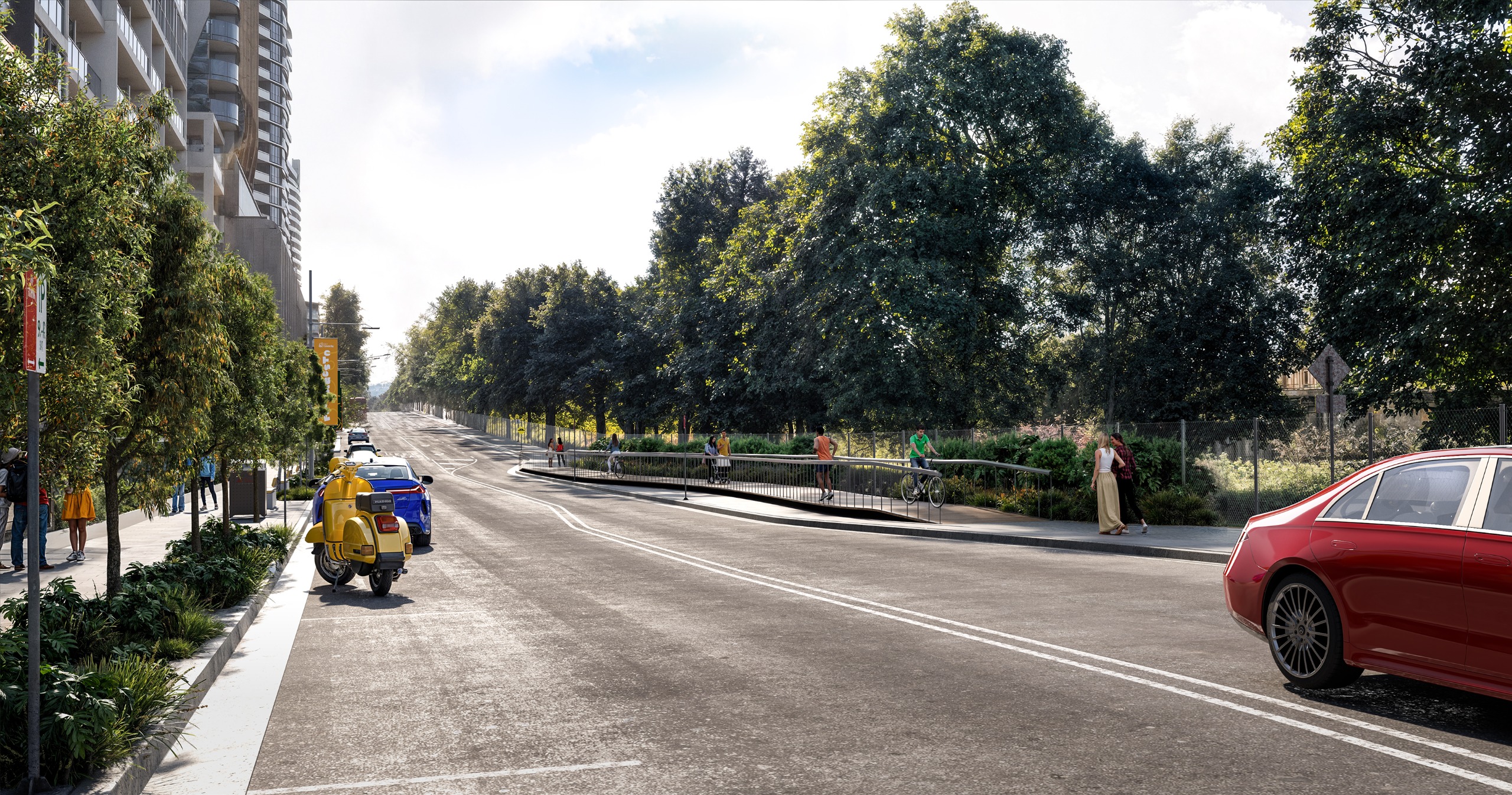 After: Artist impression of the upgraded pedestrian and bike path along Walker Street in Rhodes